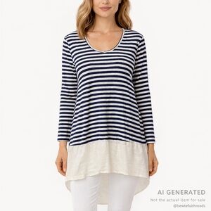 Cut Loose XS Navy & Ivory Stripe Linen Hi-Low Tunic Top